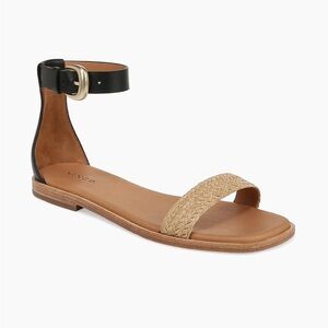 Vince Martina Leather & Raffia Flat Sandals Womens 8.5 Tan Black Ankle Strap NWT